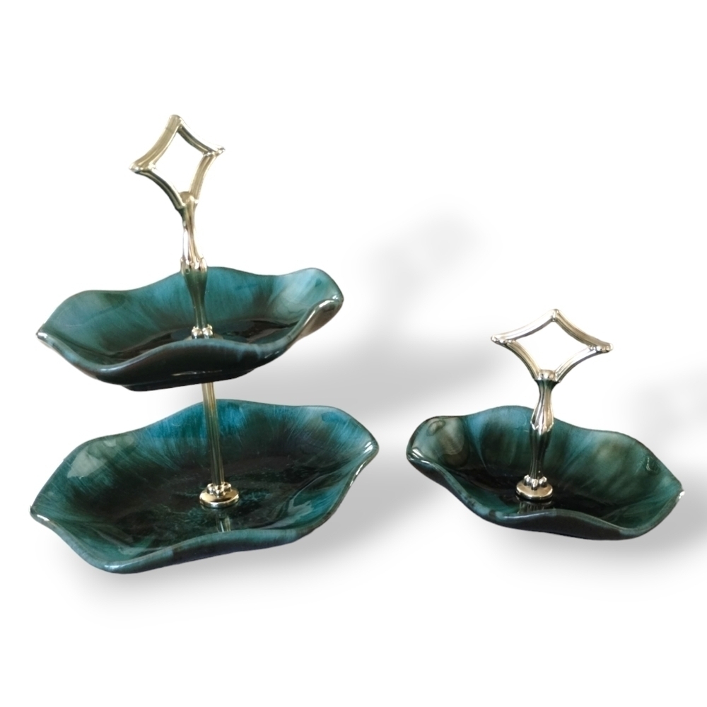 Blue Mountain Pottery 2 Tier Tray & Handled Dish Green Drip Canada